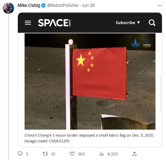 美国炫耀月球没其他国旗遭网友调戏：中国“嫦娥”早已实现