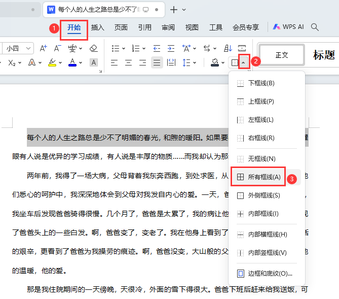 WPS如何给一行文字加边框