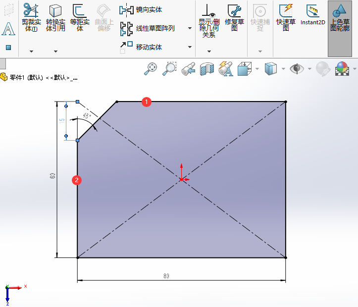 Solidworks角度距离绘制倒角的方法