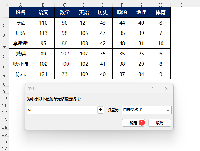 excel大于显示红色,小于显示绿色