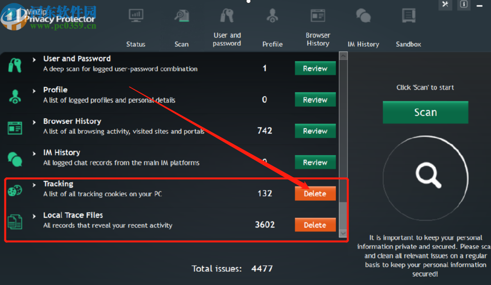 WinZip Privacy Protector扫描清理浏览器数据的方法