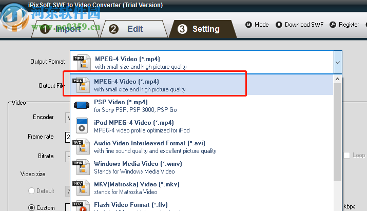 iPixSoft SWF to Video Converter将SWF转换成MP4格式的