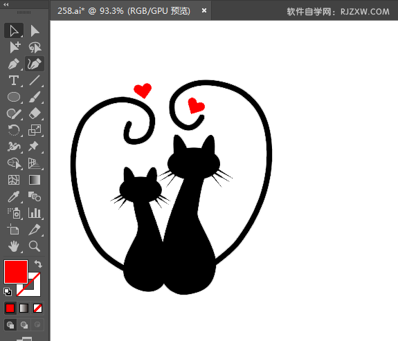 ai绘制两个小猫示爱剪影图案