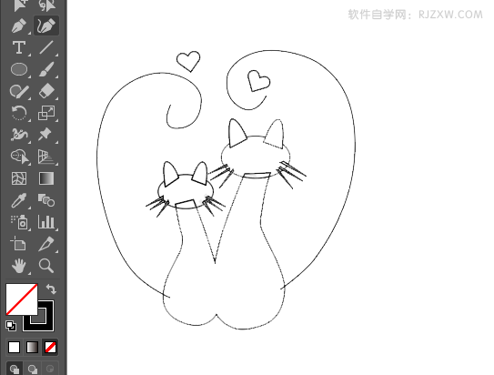 ai绘制两个小猫示爱剪影图案