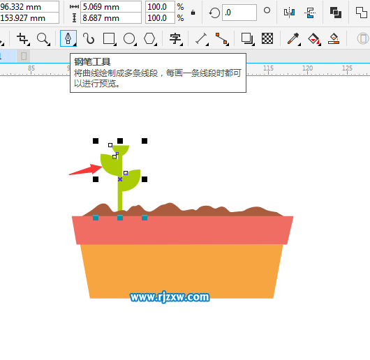 使用CDR钢笔工具绘制花盆与花朵