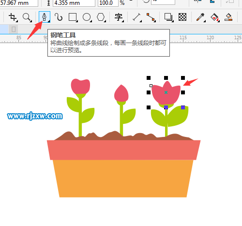 使用CDR钢笔工具绘制花盆与花朵