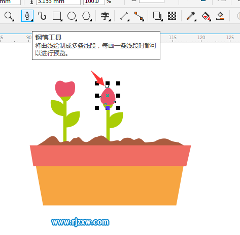 使用CDR钢笔工具绘制花盆与花朵