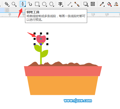 使用CDR钢笔工具绘制花盆与花朵