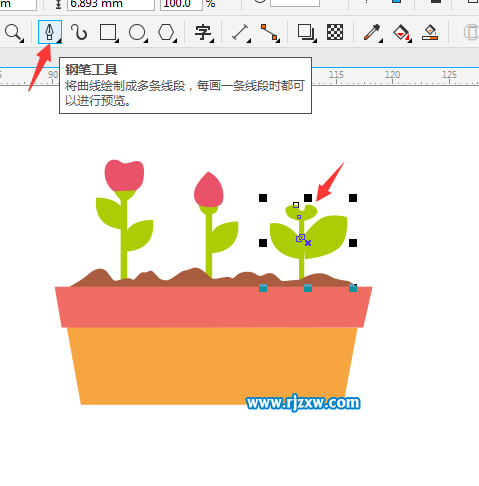 使用CDR钢笔工具绘制花盆与花朵
