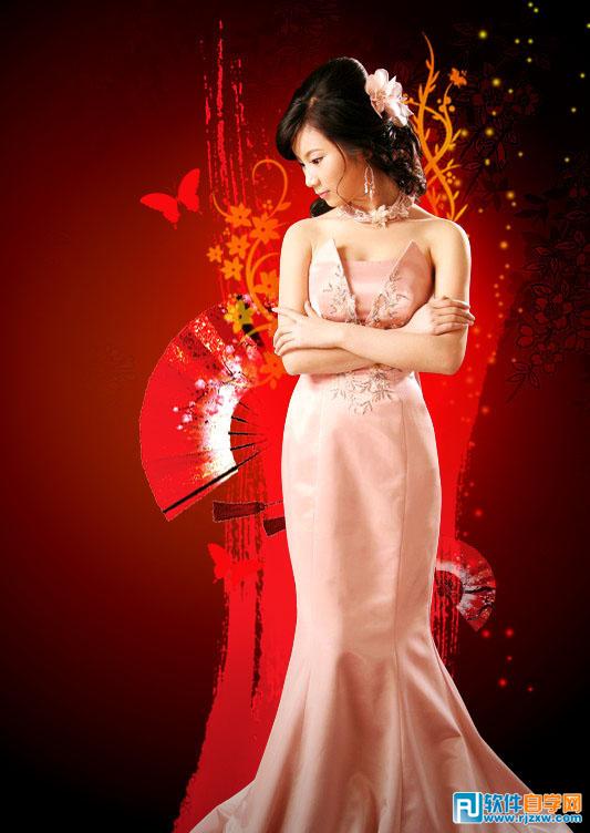 PS处理美女照片上的艳丽古典背景